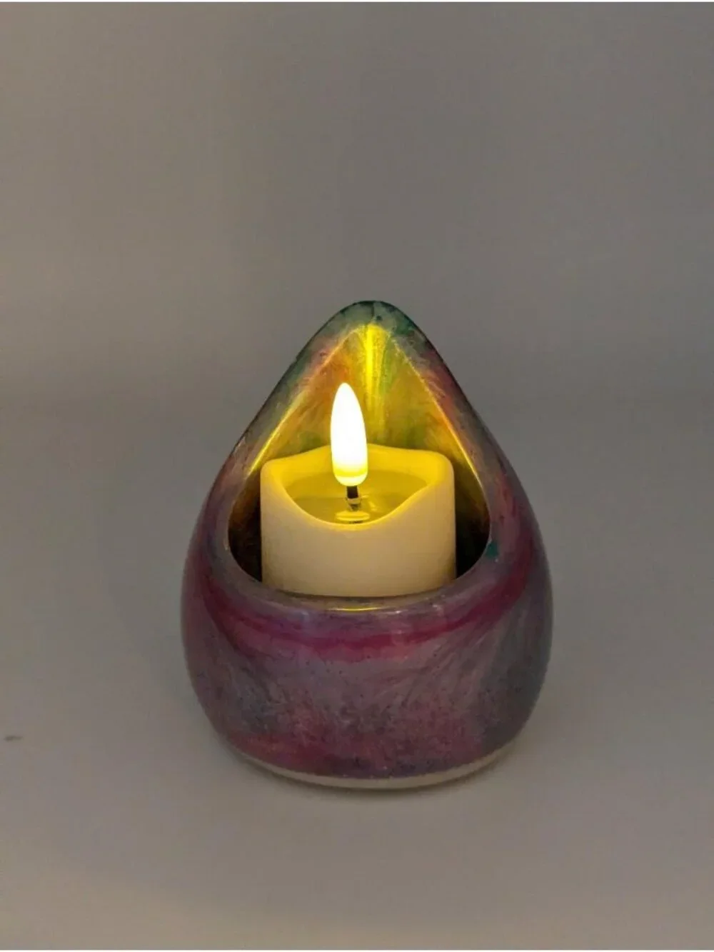 Handcrafted Resin Tealight Holder With Pink, Purple & Green Swirl Design